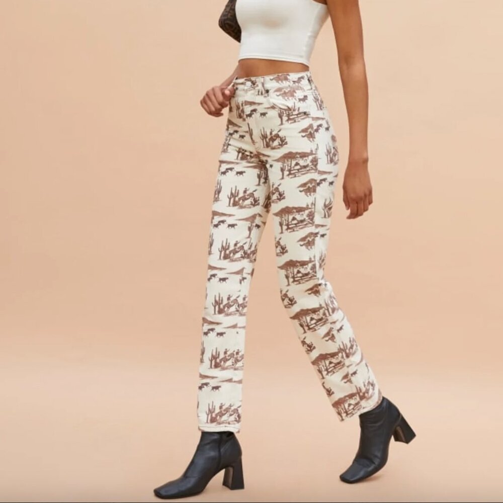 Reformation High-Rise Desert Print Jeans in Cream and Brown